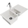 Mexen Matias 1.5-bowl Granite Sink with Drainer and Flora Kitchen Tap, White - 6502-20-670401-07-B