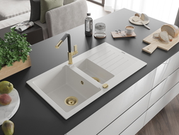 Mexen Matias fregadero de granito de 1,5 cubetas con escurridor y grifo de cocina Flora, blanco - 6502-20-670401-57-G