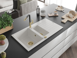 Mexen Matias fregadero de granito de 1,5 senos con escurridor y grifo de cocina Flora, blanco - 6502-20-670401-57-G