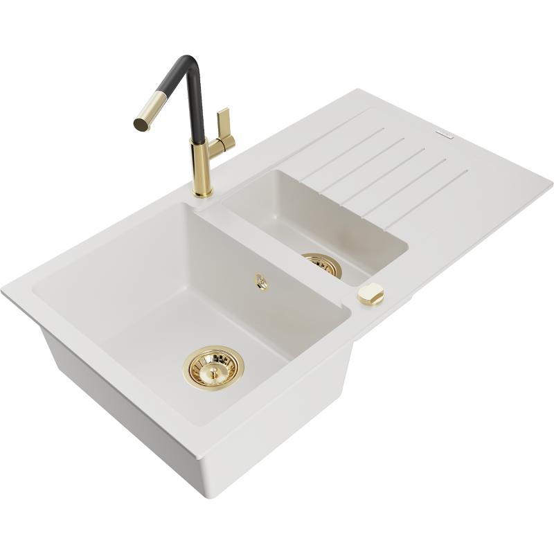Mexen Matias fregadero de granito de 1,5 cubetas con escurridor y grifo de cocina Flora, blanco - 6502-20-670401-57-G