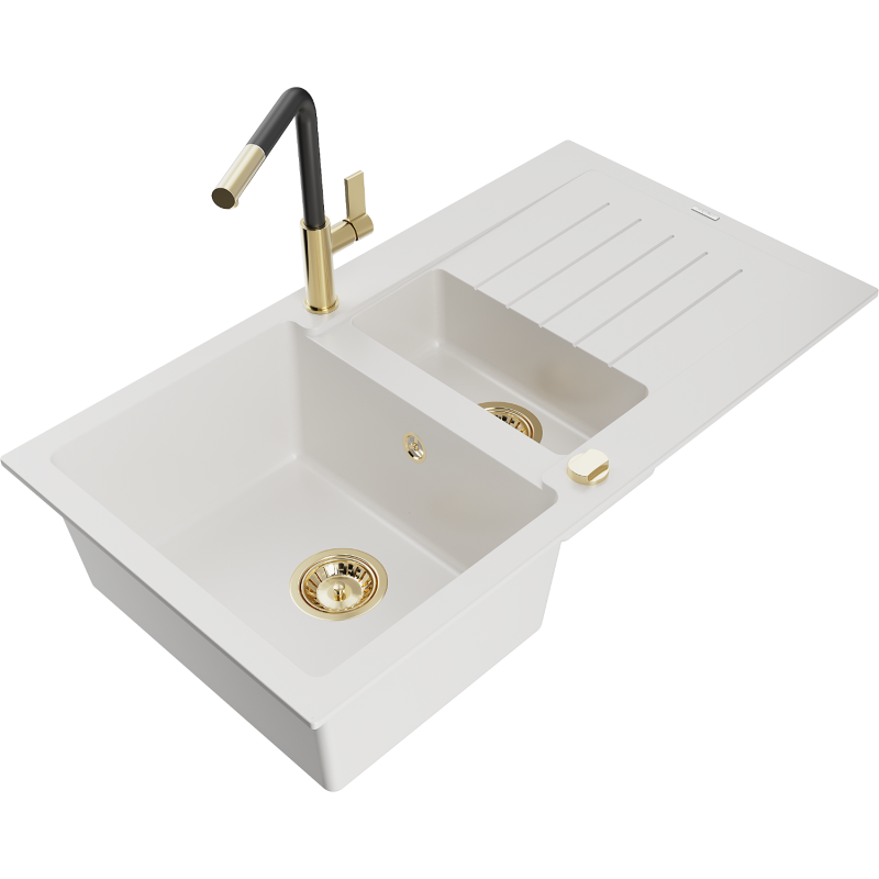 Mexen Matias lava-loiça em granito 1,5-bacia com escorredor e torneira de cozinha Flora, branco - 6502-20-670401-57-G