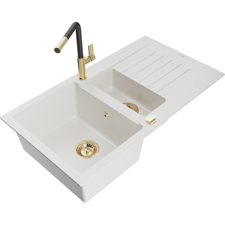 Mexen Matias fregadero de granito de 1,5 cubetas con escurridor y grifo de cocina Flora, blanco - 6502-20-670401-57-G