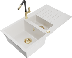 Mexen Matias fregadero de granito de 1,5 cubetas con escurridor y grifo de cocina Flora, blanco - 6502-20-670401-57-G