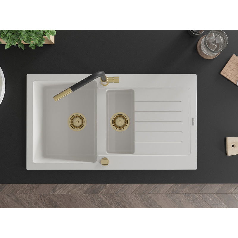 Mexen Matias lavello in granito 1,5 vasche con sgocciolatoio e miscelatore da cucina Flora, bianco - 6502-20-670401-57-G