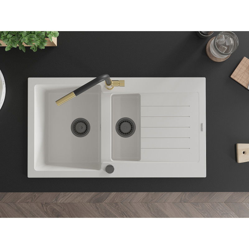 Mexen Matias évier en granit 1,5 bac avec égouttoir et robinet de cuisine Flora, blanc - 6502-20-670401-57-B
