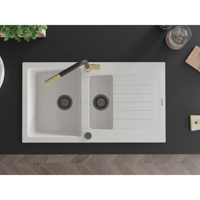 Mexen Matias granitdiskho 1,5-kammare med avrinning och köksblandare Flora, vit - 6502-20-670401-57-B