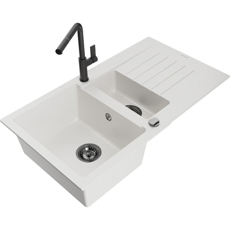 Mexen Matias fregadero de granito de 1,5 tazones con escurridor y grifo de cocina Flora, blanco - 6502-20-670401-70-B