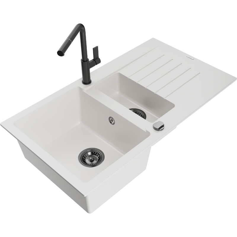 Mexen Matias granite sink 1.5-bowl with drainer and Flora kitchen tap, white - 6502-20-670401-70-B
