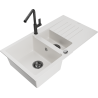 Mexen Matias granite sink 1.5-bowl with drainer and Flora kitchen tap, white - 6502-20-670401-70-B