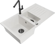 Mexen Matias fregadero de granito de 1,5 senos con escurridor y grifo de cocina Flora, blanco - 6502-20-670401-70-B