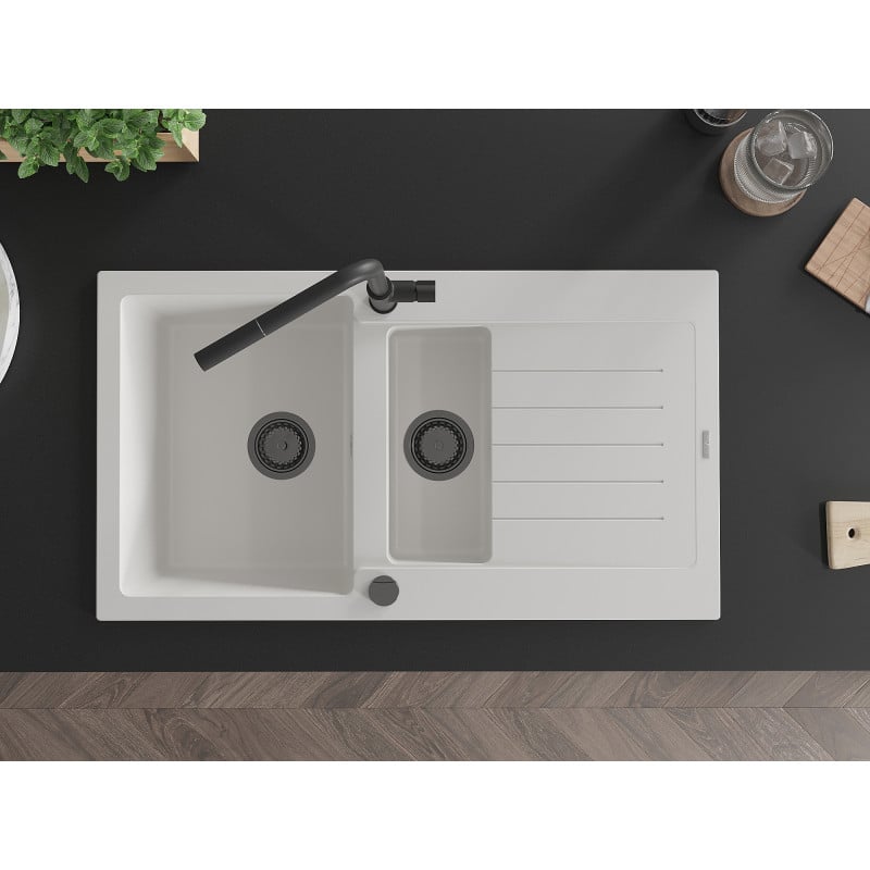 Mexen Matias fregadero de granito de 1,5 senos con escurridor y grifo de cocina Flora, blanco - 6502-20-670401-70-B