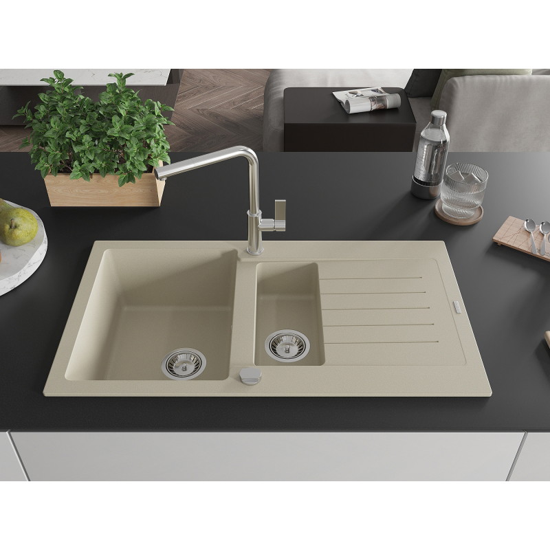 Mexen Matias fregadero de granito de 1,5 senos con escurridor y grifo de cocina Flora, beige - 6502-69-670401-00