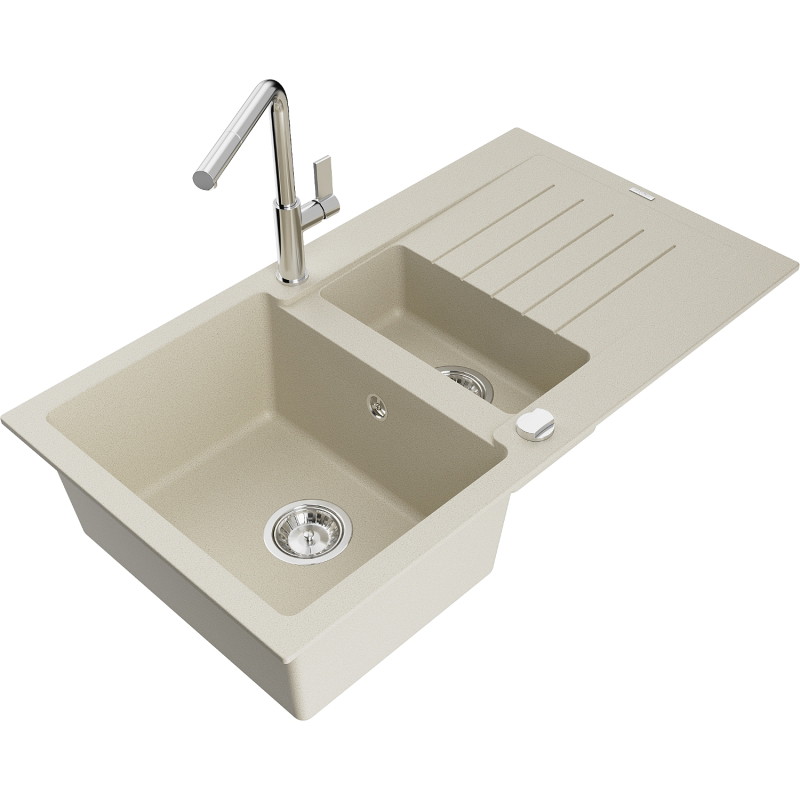 Mexen Matias évier en granit 1,5-bassins avec égouttoir et robinet de cuisine Flora, beige - 6502-69-670401-00