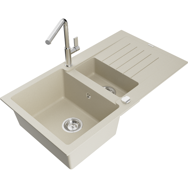 Mexen Matias fregadero de granito 1,5 senos con escurridor y grifo de cocina Flora, beige - 6502-69-670401-00