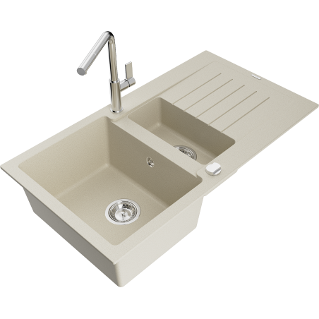 Mexen Matias granite kitchen sink 1.5-bowl with drainer and Flora kitchen faucet, beige - 6502-69-670401-00