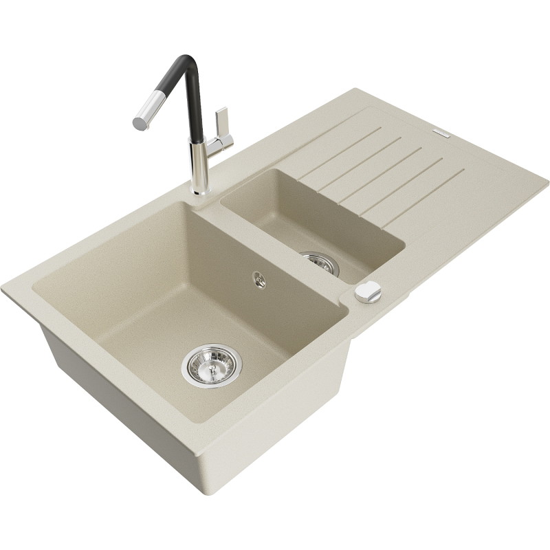 Mexen Matias fregadero de granito de 1,5 cubetas con escurridor y grifo de cocina Flora, beige - 6502-69-670401-07
