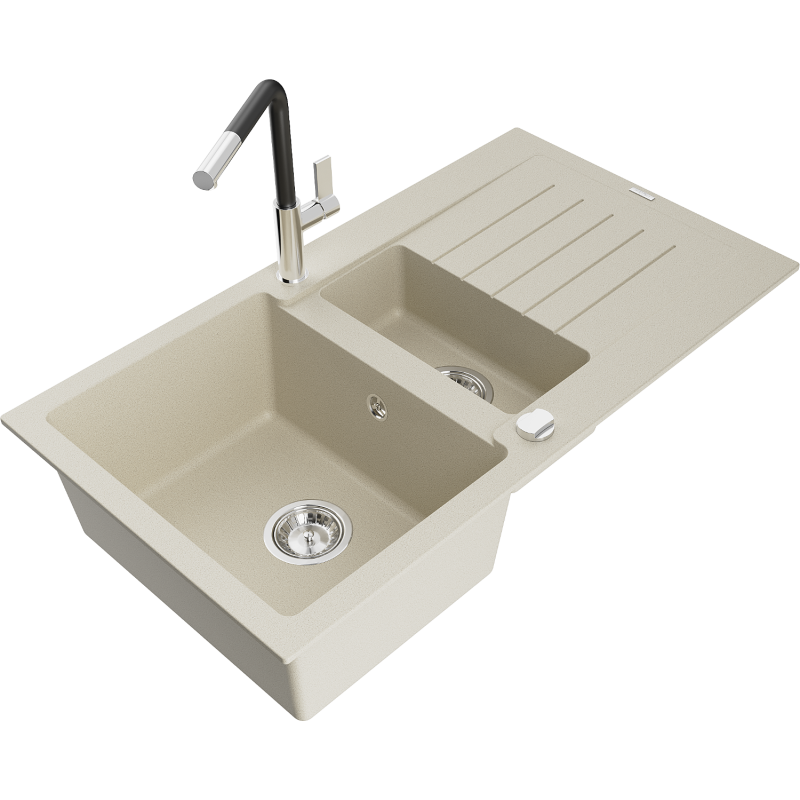 Mexen Matias graniittinen 1,5 osastoinen pesuallas kuivatusalueella ja Flora keittiöhanalla, beige - 6502-69-670401-07