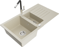 Mexen Matias fregadero de granito de 1,5 tazones con escurridor y grifo de cocina Flora, beige - 6502-69-670401-07