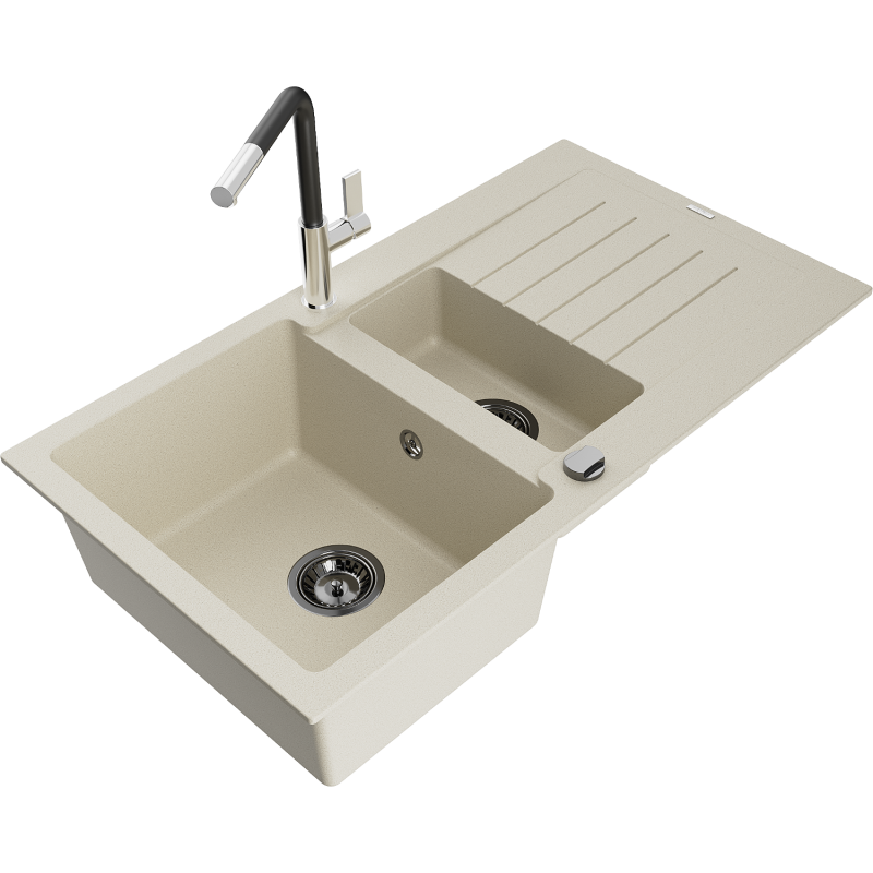 Mexen Matias fregadero de granito de 1,5 senos con escurridor y grifo de cocina Flora, beige - 6502-69-670401-07-B