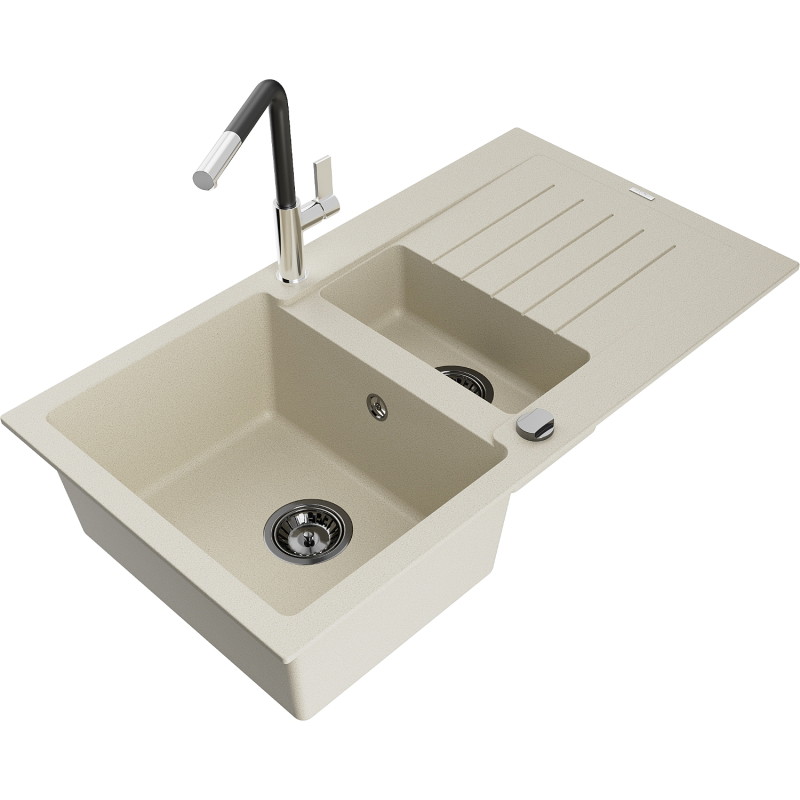 Mexen Matias fregadero de granito de 1,5 tazones con escurridor y grifo de cocina Flora, beige - 6502-69-670401-07-B