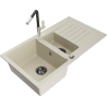 Mexen Matias granitische spoelbak 1,5-komoren met afdruiprek en keukenkraan Flora, beige - 6502-69-670401-07-B
