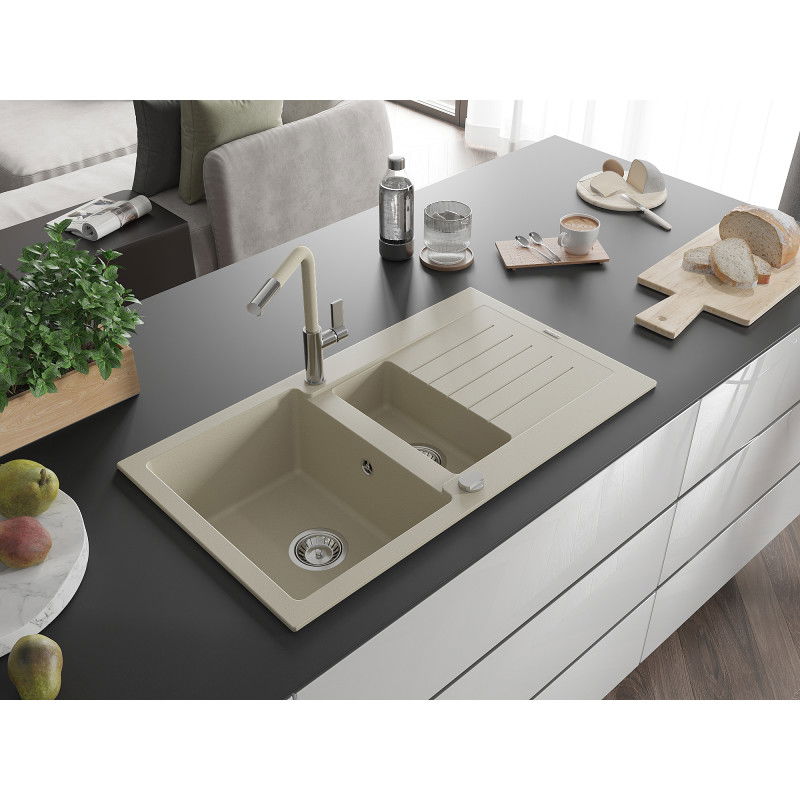 Mexen Matias fregadero de granito de 1,5 senos con escurridor y grifo de cocina Flora, beige - 6502-69-670401-09