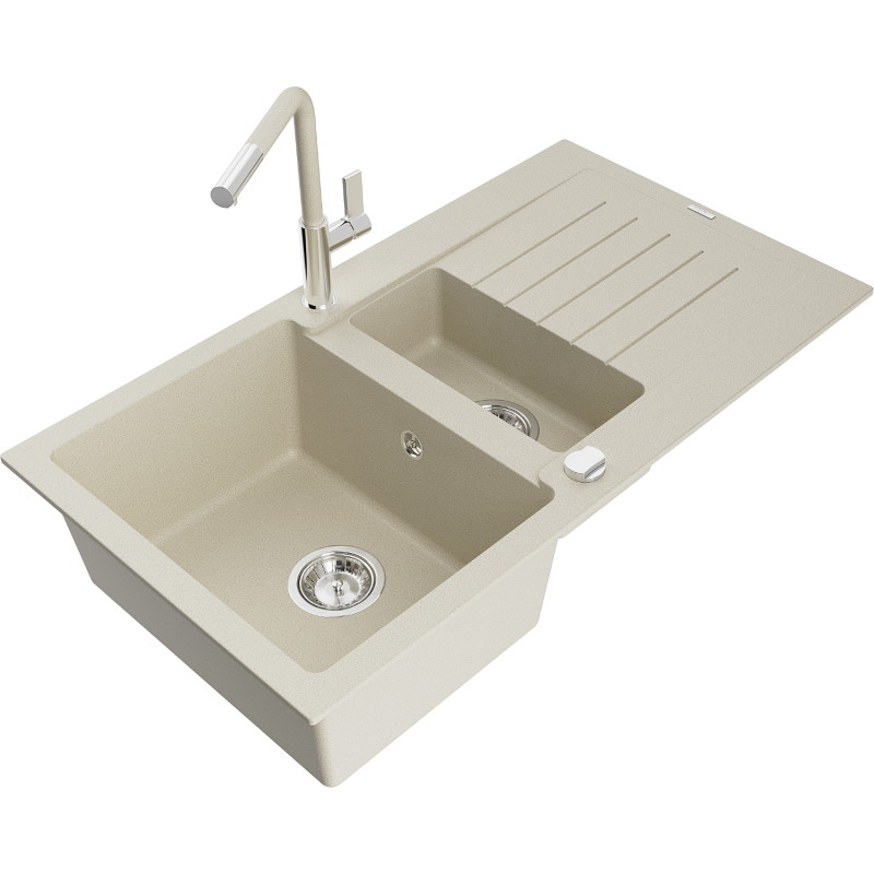 Mexen Matias granieten spoelbak 1,5-gats met afdruiprek en keukenkraan Flora, beige - 6502-69-670401-09