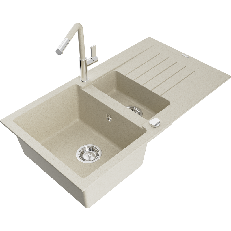 Mexen Matias granite sink 1.5-bowl with drainer and Flora kitchen tap, beige - 6502-69-670401-09