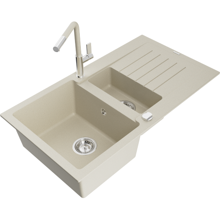 Mexen Matias évier en granit 1,5 bac avec égouttoir et robinet de cuisine Flora, beige - 6502-69-670401-09