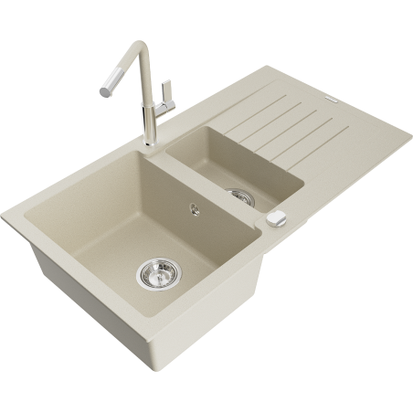 Mexen Matias fregadero de granito de 1,5 senos con escurridor y grifo de cocina Flora, beige - 6502-69-670401-09