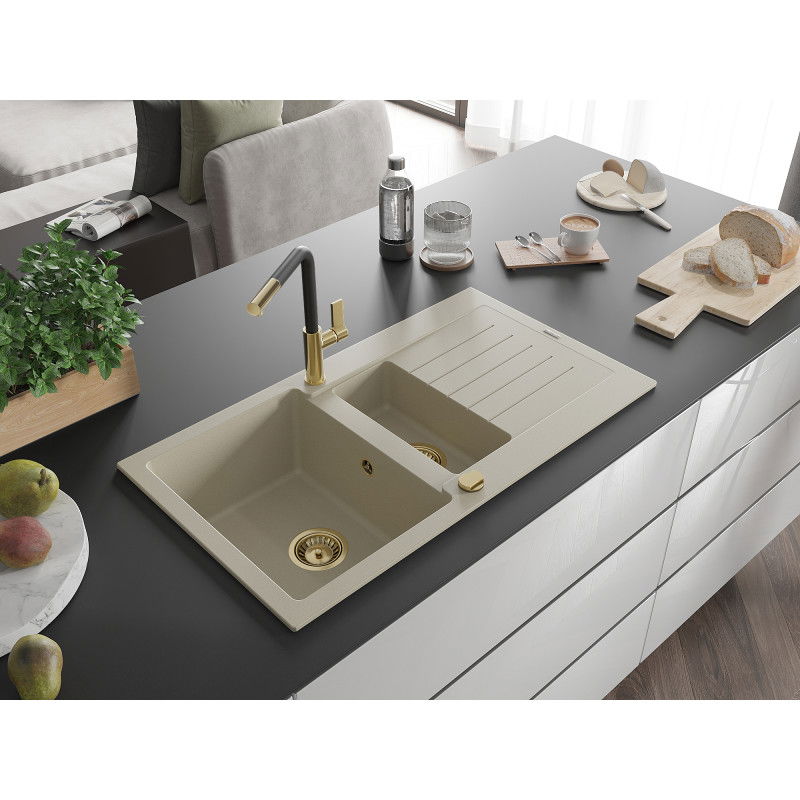 Mexen Matias granite kitchen sink 1.5-bowl with drainer and Flora kitchen tap, beige - 6502-69-670401-57-G