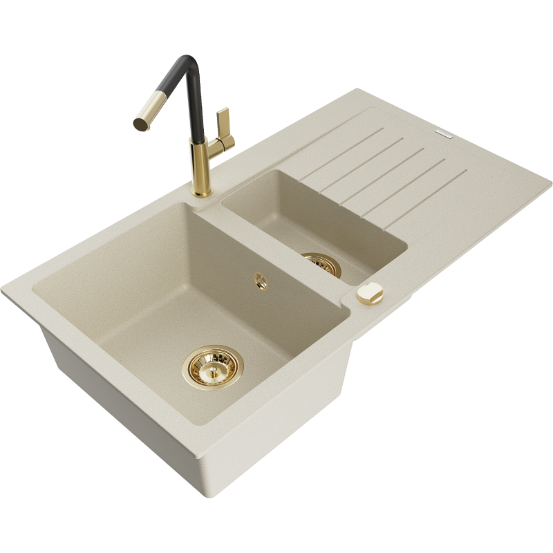 Mexen Matias granite kitchen sink 1.5-bowl with drainer and Flora kitchen tap, beige - 6502-69-670401-57-G