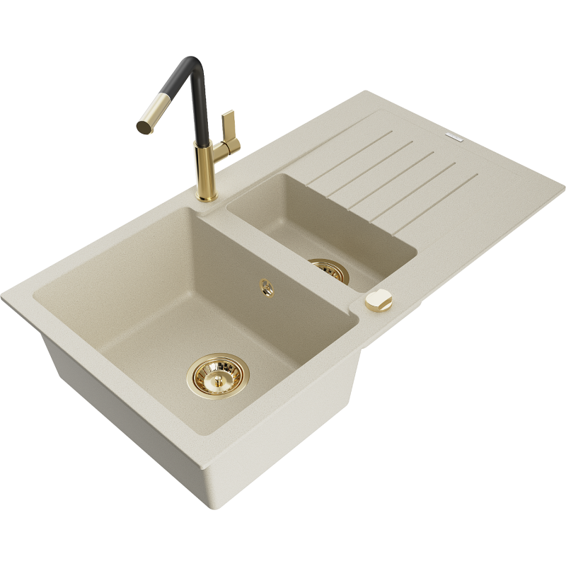 Mexen Matias Granitküchenspüle 1,5-Kammer mit Abtropffläche und Küchenarmatur Flora, beige - 6502-69-670401-57-G