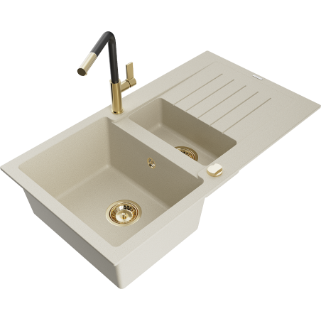 Mexen Matias Granitküchenspüle 1,5-Kammer mit Abtropffläche und Küchenarmatur Flora, beige - 6502-69-670401-57-G