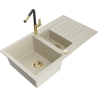 Mexen Matias granite kitchen sink 1.5-bowl with drainer and Flora kitchen tap, beige - 6502-69-670401-57-G