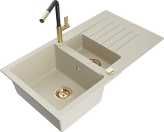 Mexen Matias granite kitchen sink 1.5-bowl with drainer and Flora kitchen tap, beige - 6502-69-670401-57-G