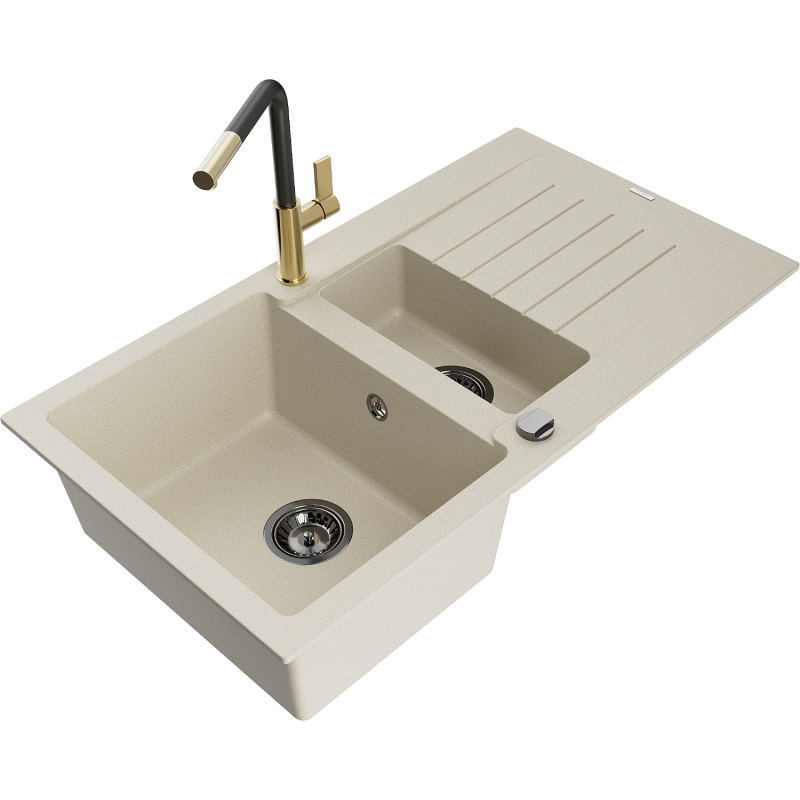 Mexen Matias 1,5-kammioinen graniittinen pesuallas valutusalueella ja Flora-keittiöhanalla, beige - 6502-69-670401-57-B