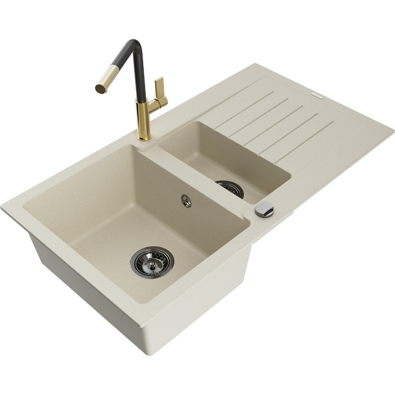 Mexen Matias Granitspüle 1,5-fach mit Abtropffläche und Küchenarmatur Flora, beige - 6502-69-670401-57-B