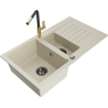 Mexen Matias granieten spoelbak 1,5-komors met afdruiprek en keukenkraan Flora, beige - 6502-69-670401-57-B