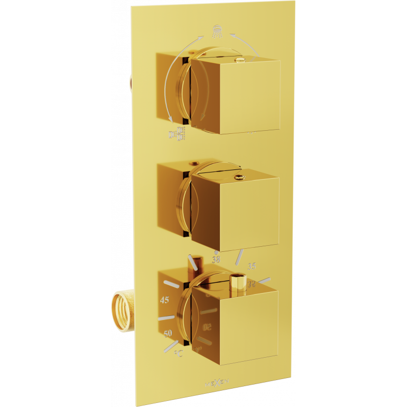 Mexen Cube termostatisk badkar-duschblandare 3-utgångar, guld - 77503-50
