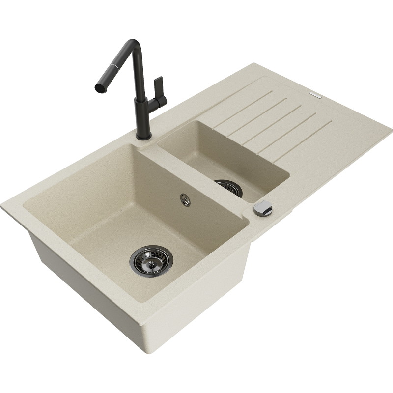 Mexen Matias fregadero de granito de 1,5 senos con escurridor y grifo de cocina Flora, beige - 6502-69-670401-70-B