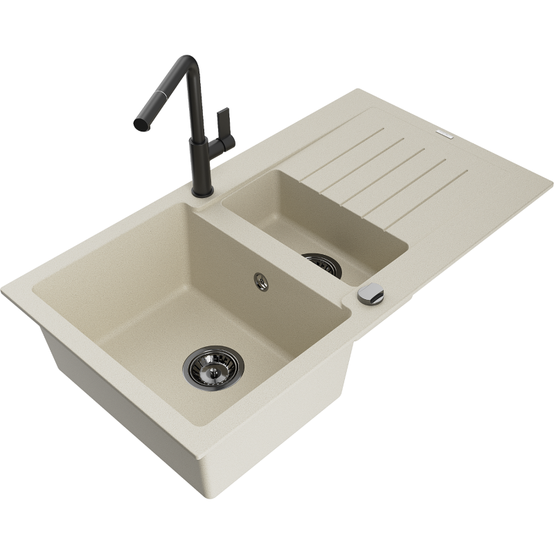 Mexen Matias granieten spoelbak 1,5-komers met afdruiprek en keukenkraan Flora, beige - 6502-69-670401-70-B