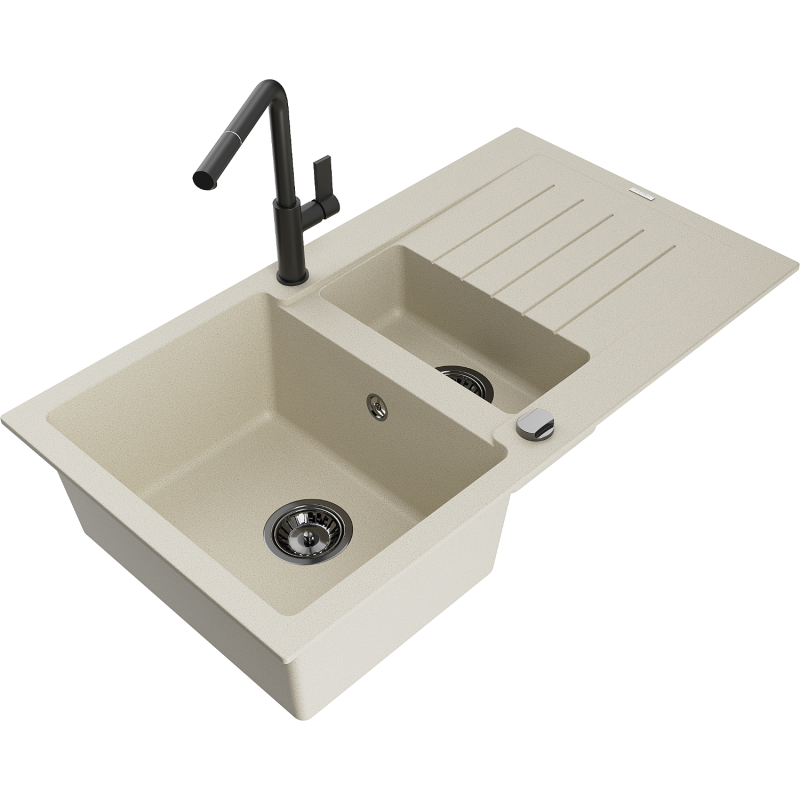 Mexen Matias granitdiskho med 1,5 fack med avrinningsyta och köksblandare Flora, beige - 6502-69-670401-70-B