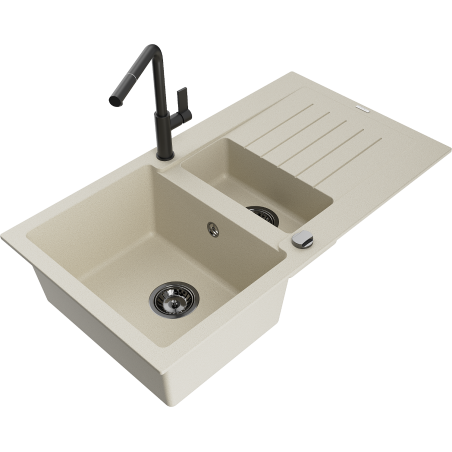 Mexen Matias évier en granit 1,5 bac avec égouttoir et robinet de cuisine Flora, beige - 6502-69-670401-70-B