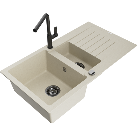 Mexen Matias granieten spoelbak 1,5-komers met afdruiprek en keukenkraan Flora, beige - 6502-69-670401-70-B