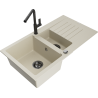 Mexen Matias granieten spoelbak 1,5-komers met afdruiprek en keukenkraan Flora, beige - 6502-69-670401-70-B