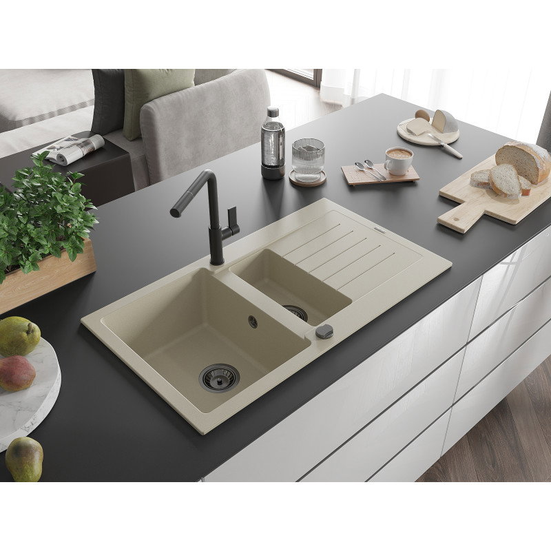 Mexen Matias granite sink 1.5-bowl with drainer and Flora kitchen tap, beige - 6502-69-670401-70-B
