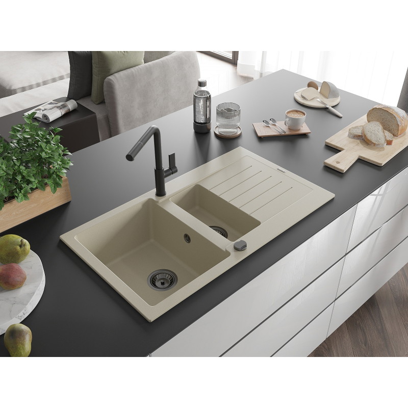 Mexen Matias granitische spoelbak 1,5-komor met afdruiprek en keukenmengkraan Flora, beige - 6502-69-670401-70-B