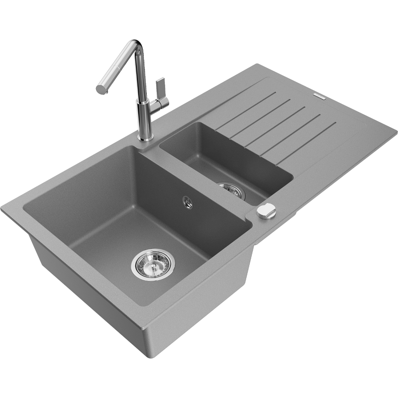 Mexen Matias lava-louça de granito 1,5-cuba com escorredor e torneira de cozinha Flora, cinza - 6502-71-670401-00