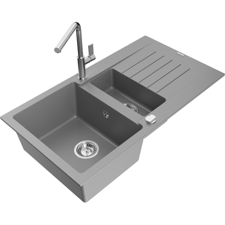 Mexen Matias granite sink 1.5-bowl with drainer and Flora kitchen tap, grey - 6502-71-670401-00